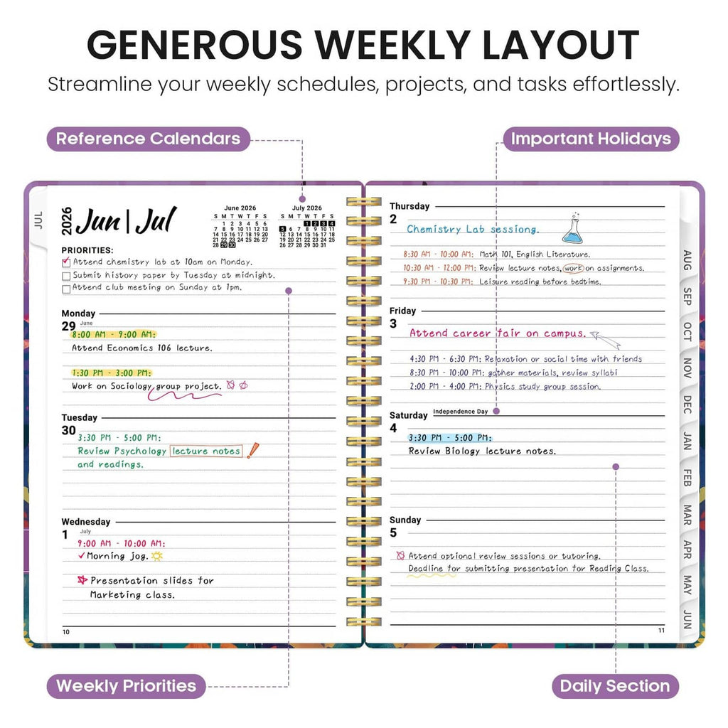 Weekly planner layout pages with daily schedule sections and important holiday callouts