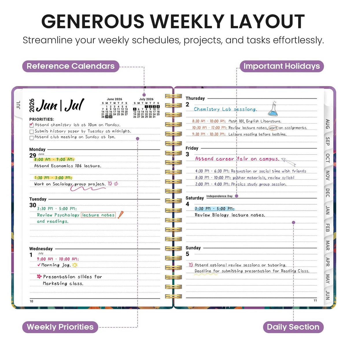 Weekly planner layout pages with daily schedule sections and important holiday callouts
