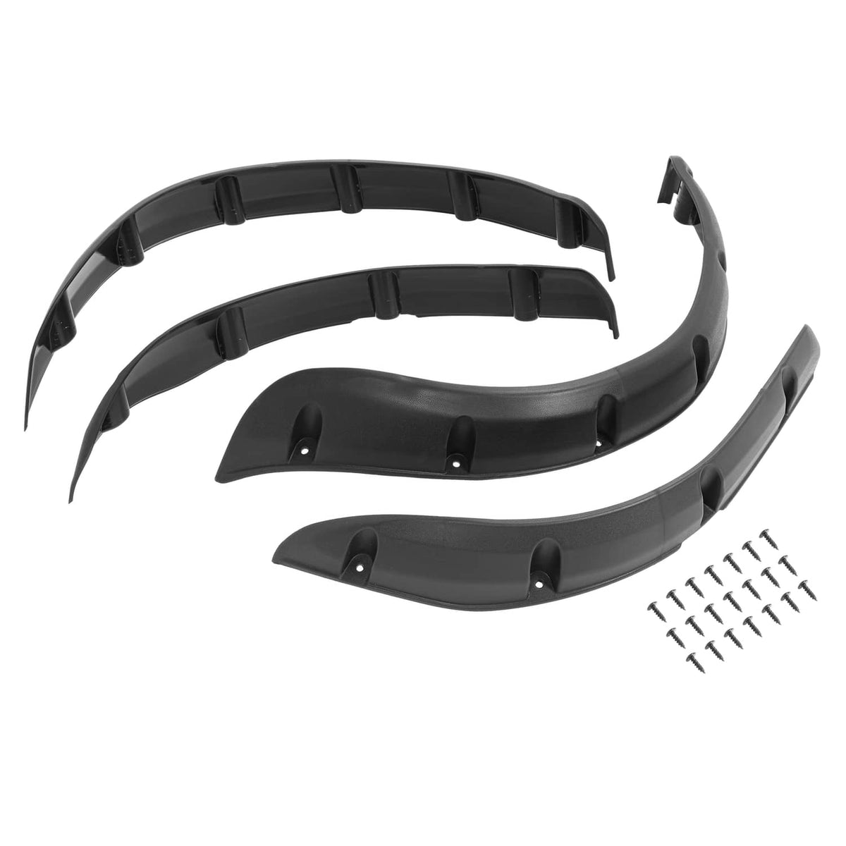 Black front and rear fender flare set, curved plastic pieces with mounting holes