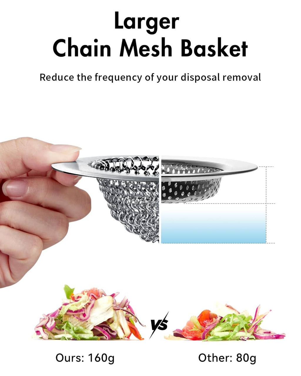 Stainless steel chain-mesh basket drain strainer held in hand