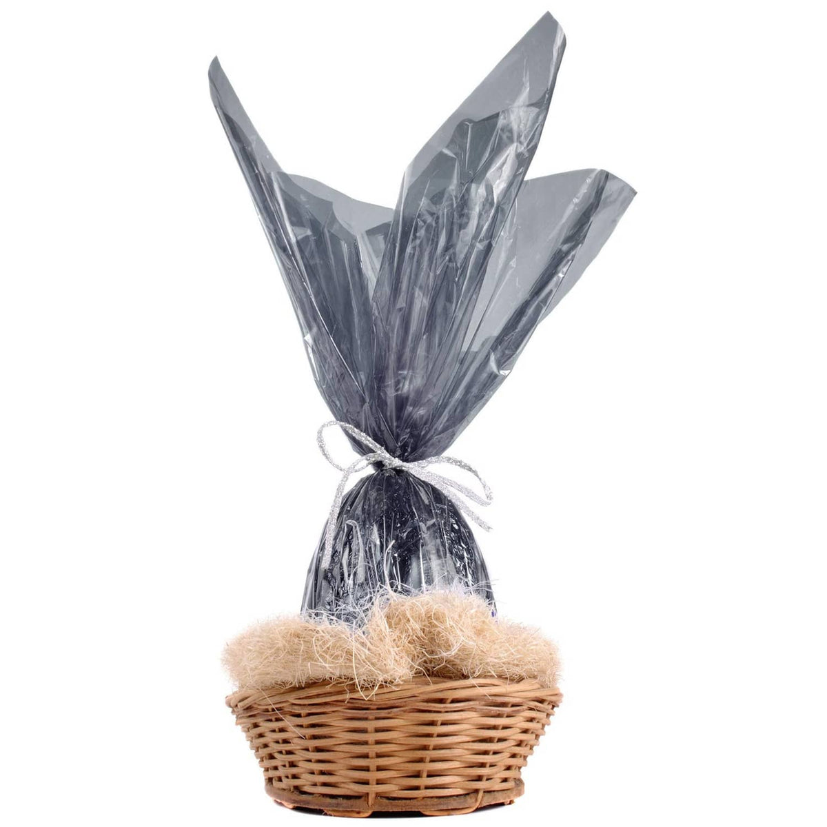 Translucent silver-toned cellophane wrap bag tied at the top