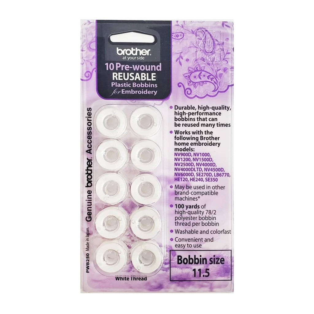 Brother 10 pre-wound reusable plastic bobbins package, white thread