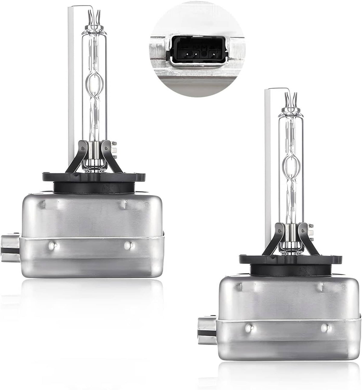 HID xenon headlight bulbs with silver housing, showing two units and connector detail