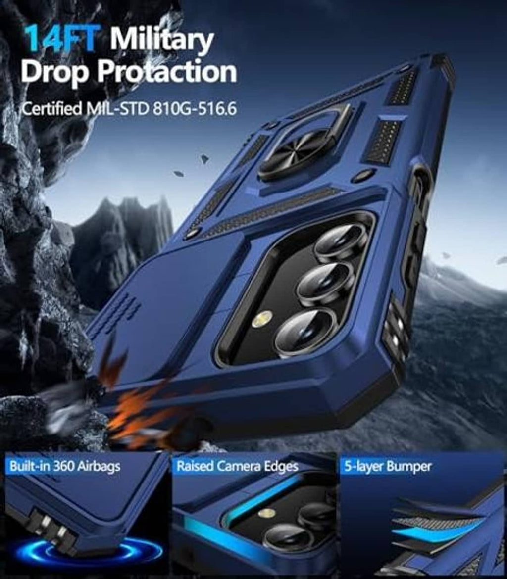 Blue rugged impact-style phone case with raised camera edges and screen protector