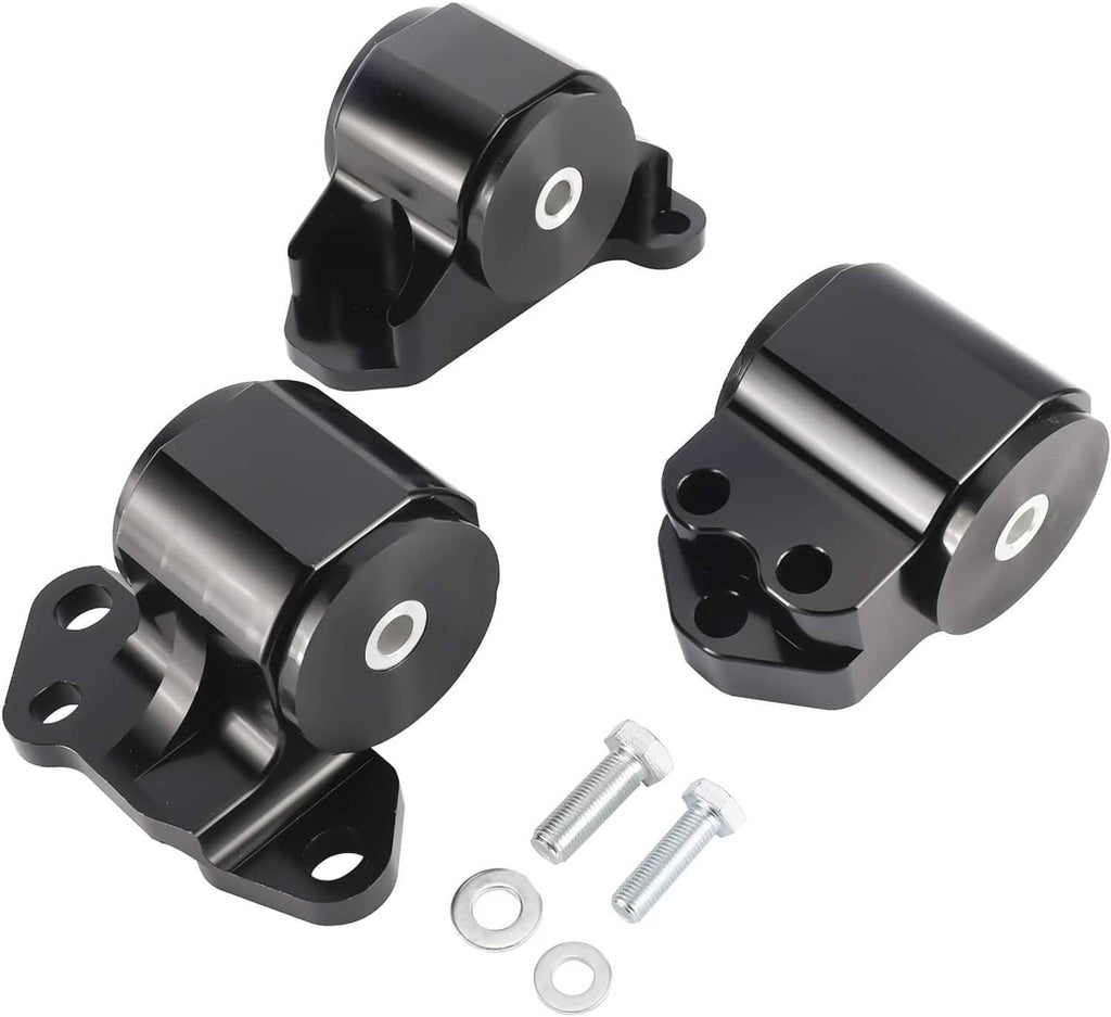 Black engine mount blocks with circular bushing holes and included mounting hardware