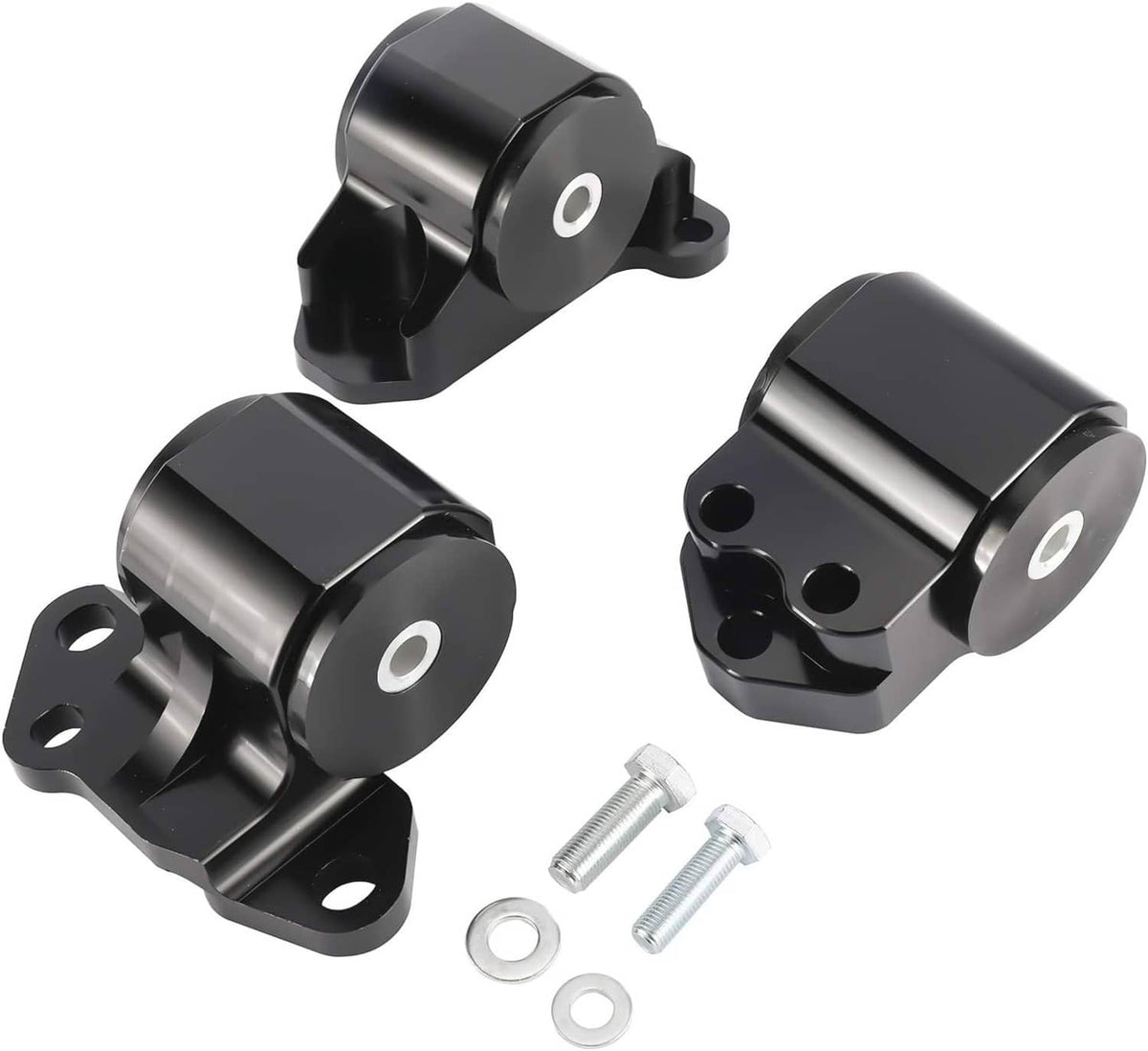 Black engine mount blocks with circular bushing holes and included mounting hardware