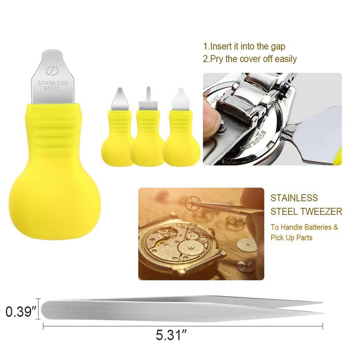 Watch repair kit with yellow tool pieces and stainless steel tweezers