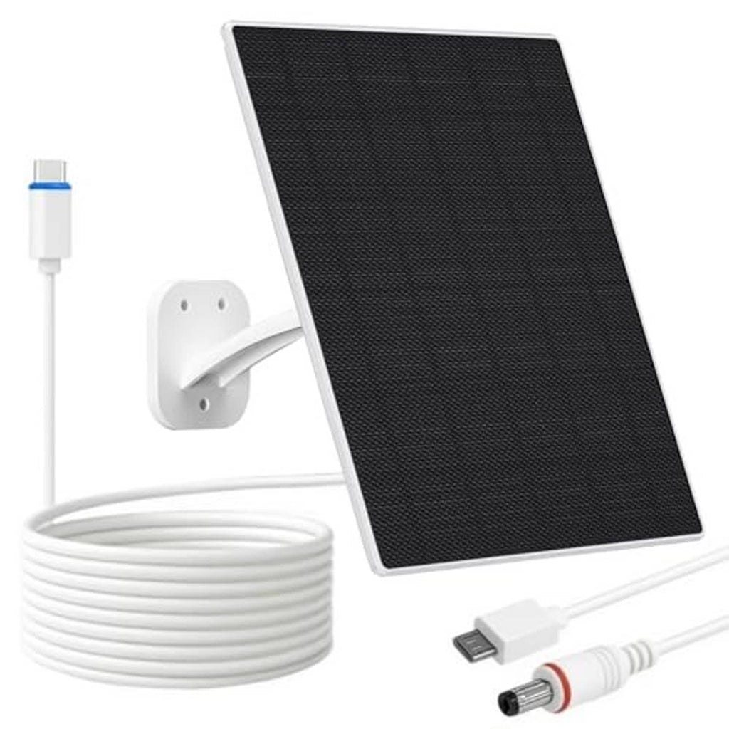 Black solar panel with white security mount, coiled cable, and USB/charging leads