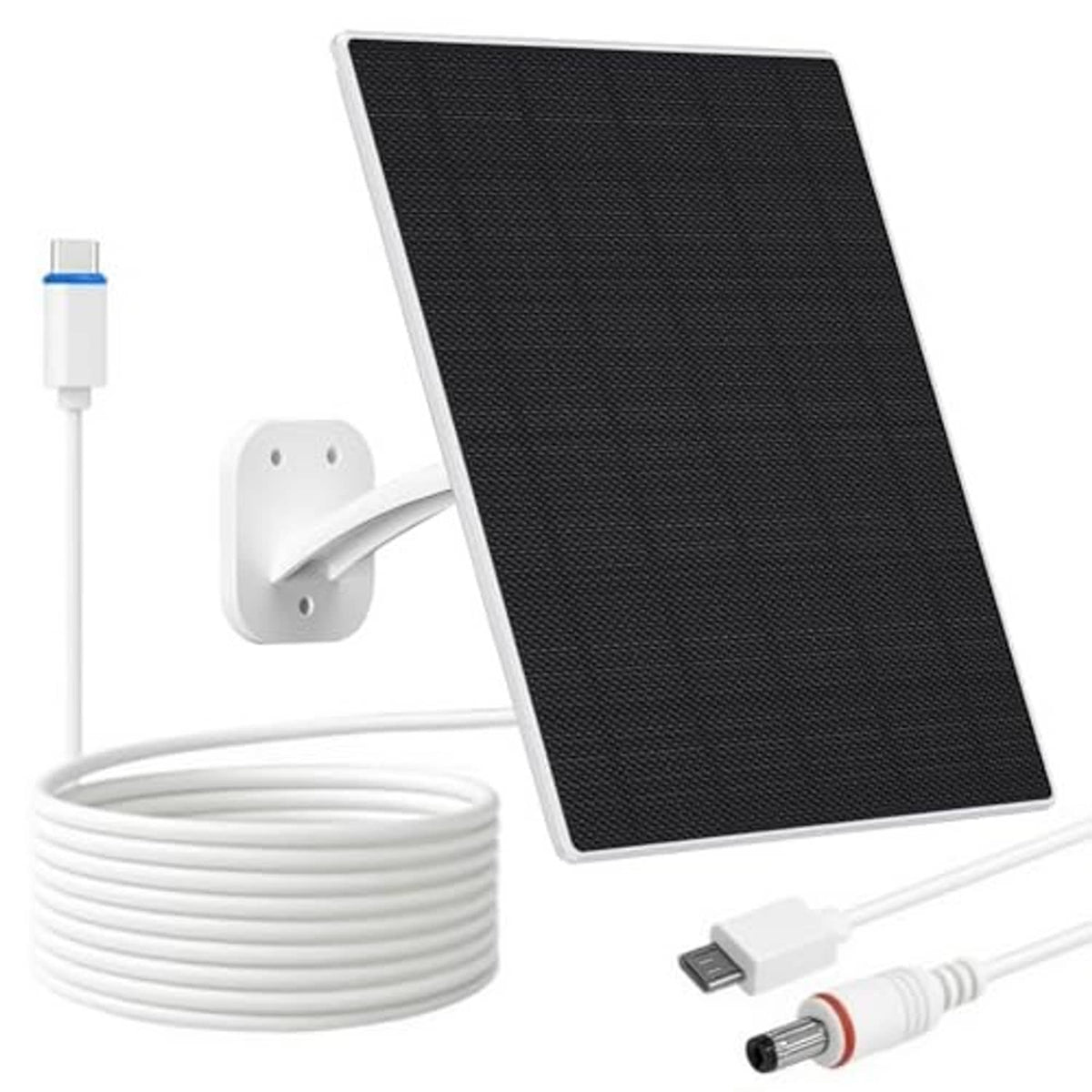Black solar panel with white security mount, coiled cable, and USB/charging leads
