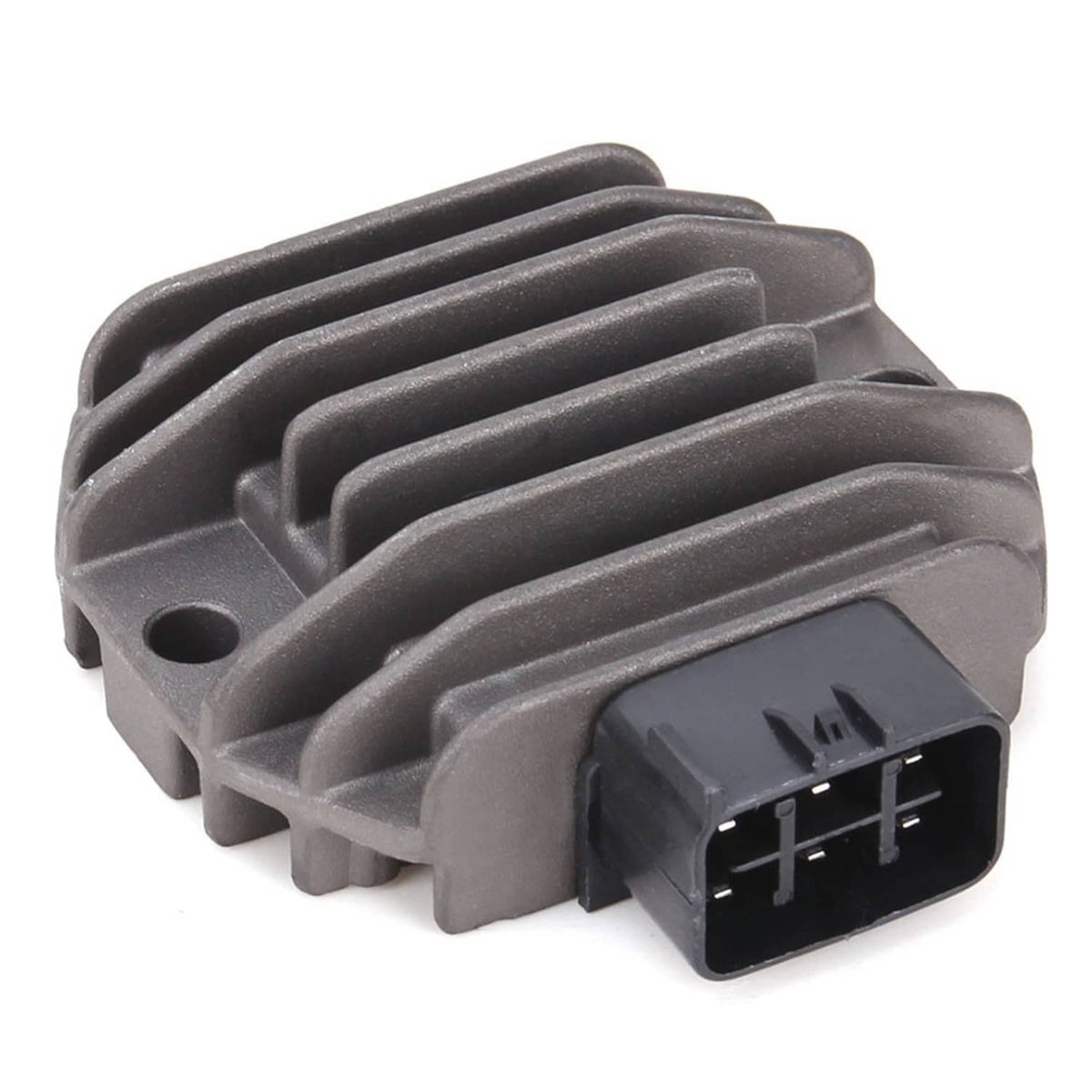 Voltage regulator rectifier unit side view with black multi-pin connector