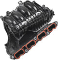Black intake manifold with orange gasket channels and mounting bolts
