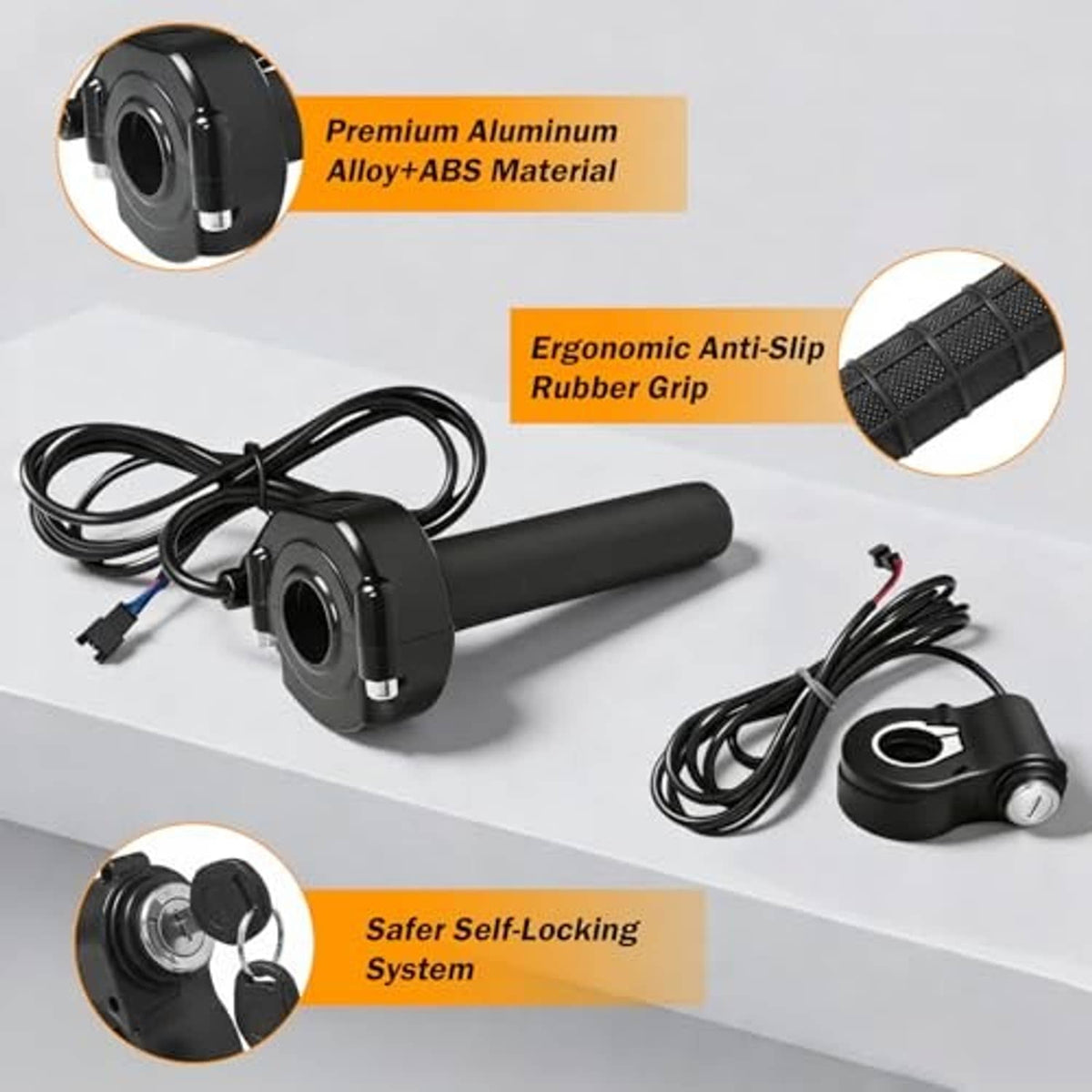 Black throttle grip kit with anti-slip rubber grips and ignition switch control