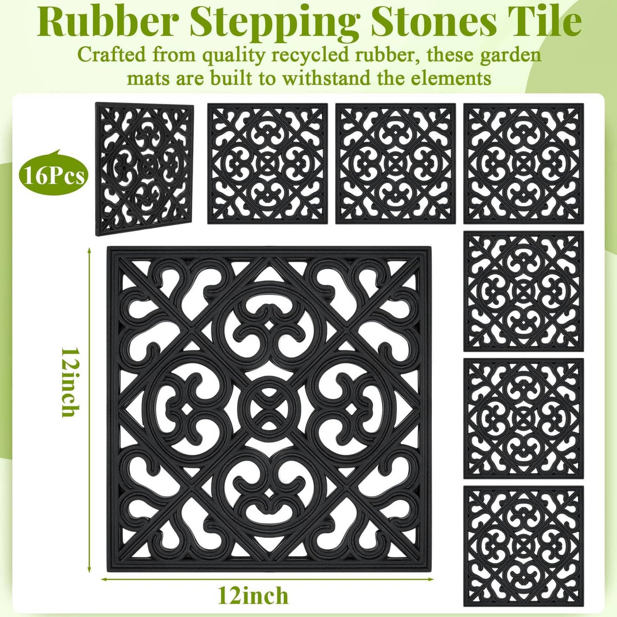 Boxed set of black square rubber stepping stone tiles with ornate lattice swirl design