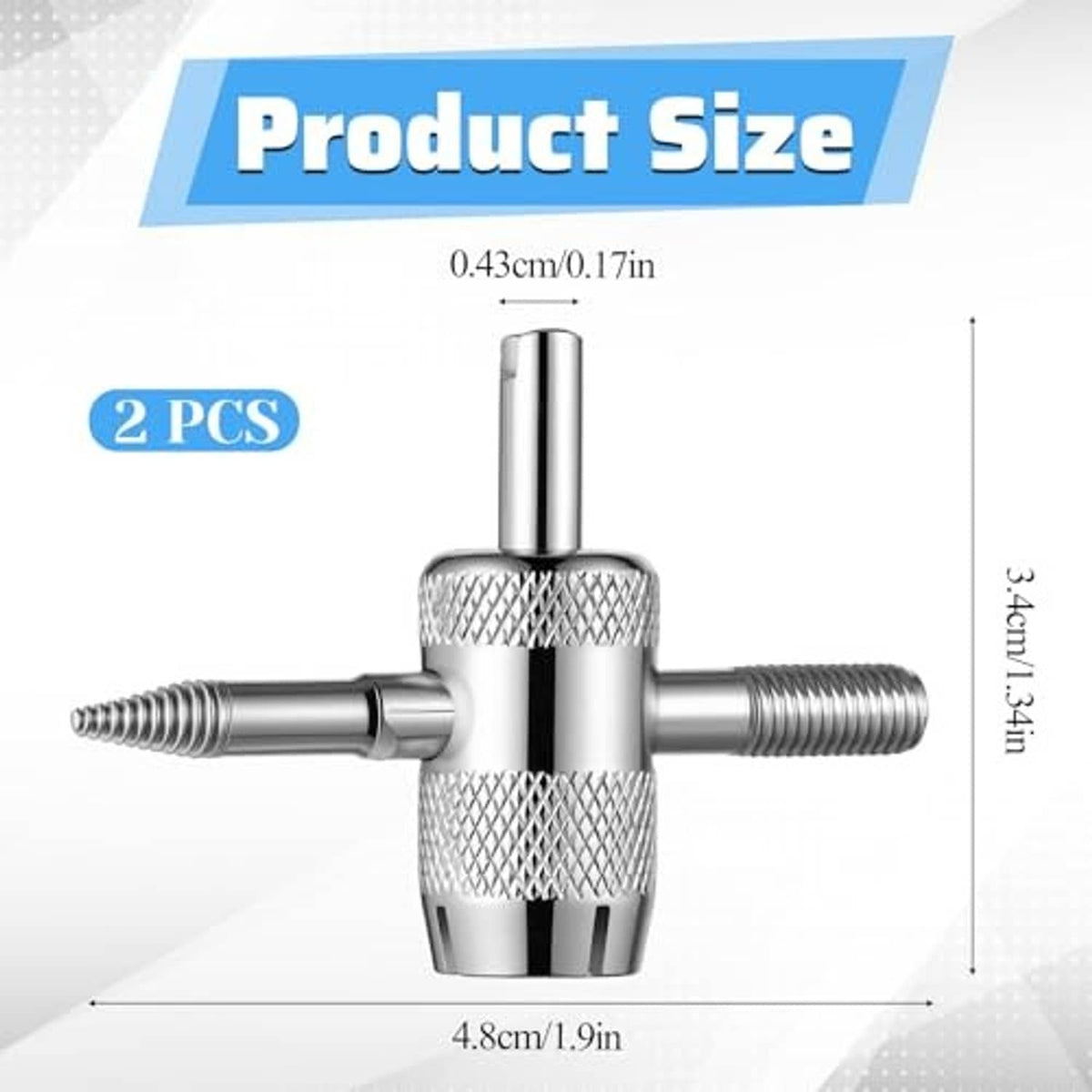 4-way tire valve core tool, chrome metal body with knurled grip and two threaded prongs