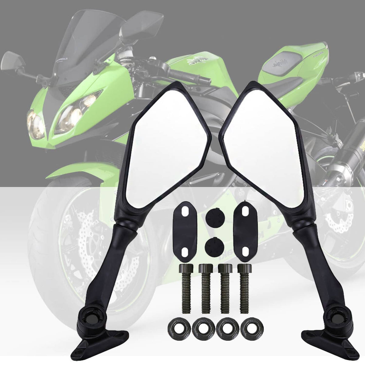 Black motorcycle rearview mirror pair with mounting plates and screw hardware