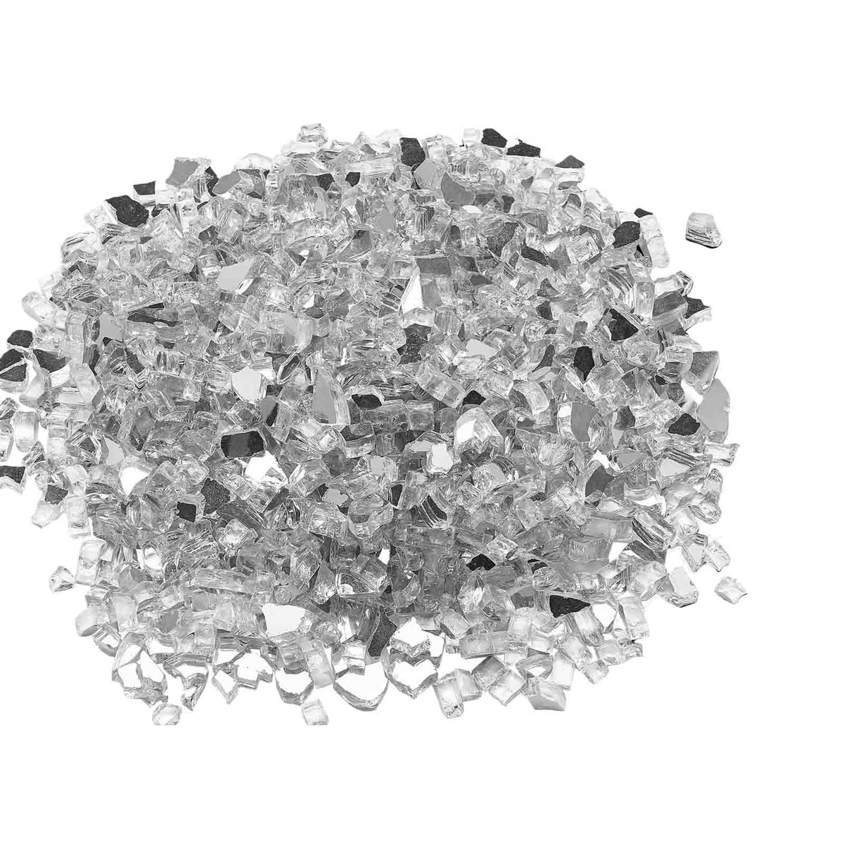 Clear crushed glass fire pit gems pile with faceted, reflective chunks