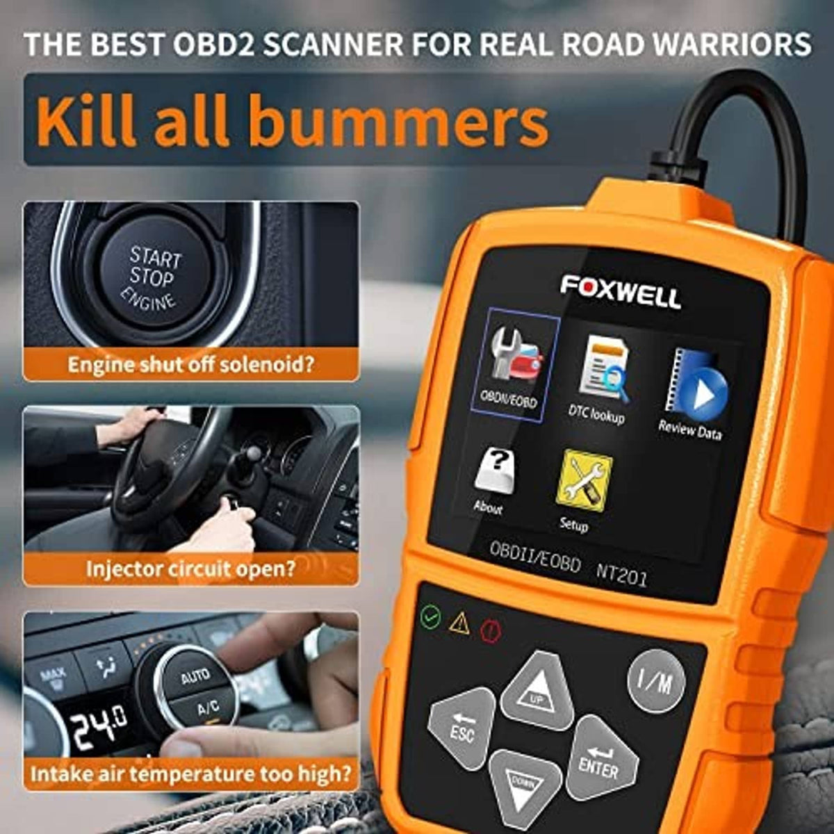 Orange handheld FOXWELL NT201 OBD2 scanner showing icons on its display and control buttons