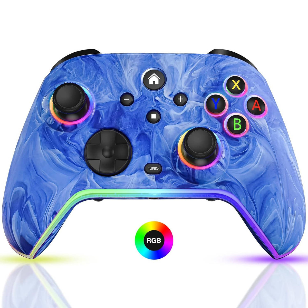 Blue wireless Switch controller with rainbow RGB ring and A/B/X/Y face buttons