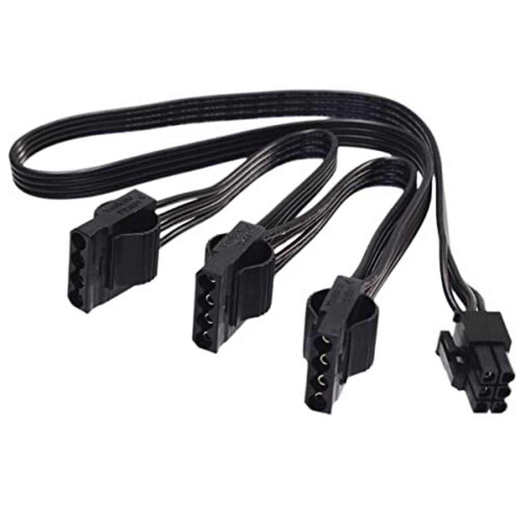 Black power adapter cable bundle with 6-pin main plug and three 4-pin outputs