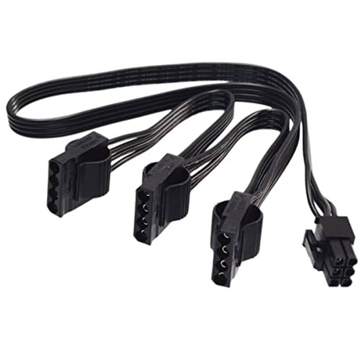 Black power adapter cable bundle with 6-pin main plug and three 4-pin outputs