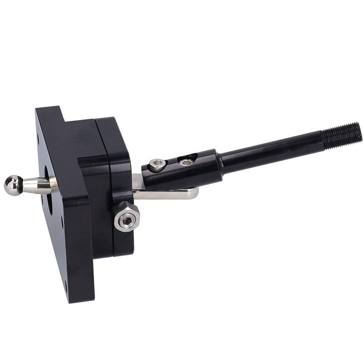 Short throw shifter with black base, lever, and silver mounting hardware for installation