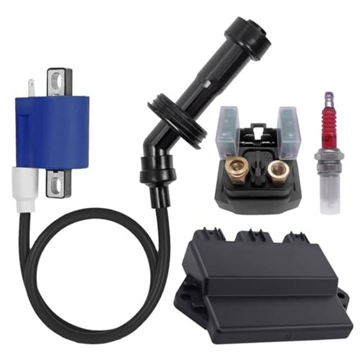 CDI module kit with black solenoid relay, blue capacitor, and wiring harness loop