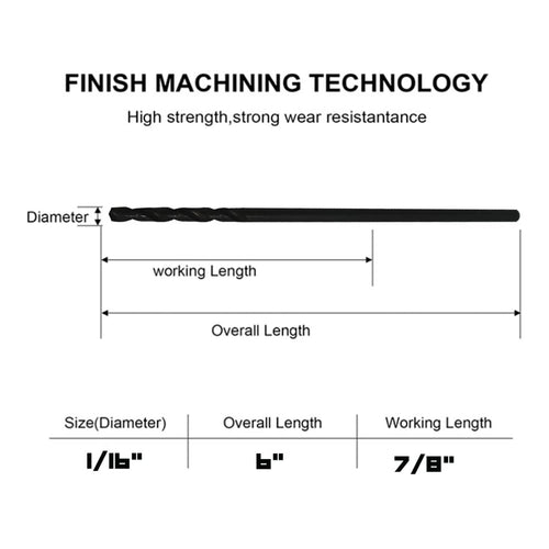 1/16 in aircraft drill bit diagram with overall and working length arrows