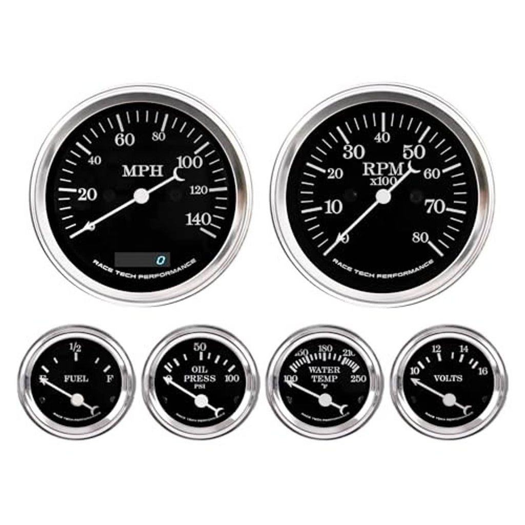 Cluster of four round black gauges with chrome rings, plus four smaller gauges