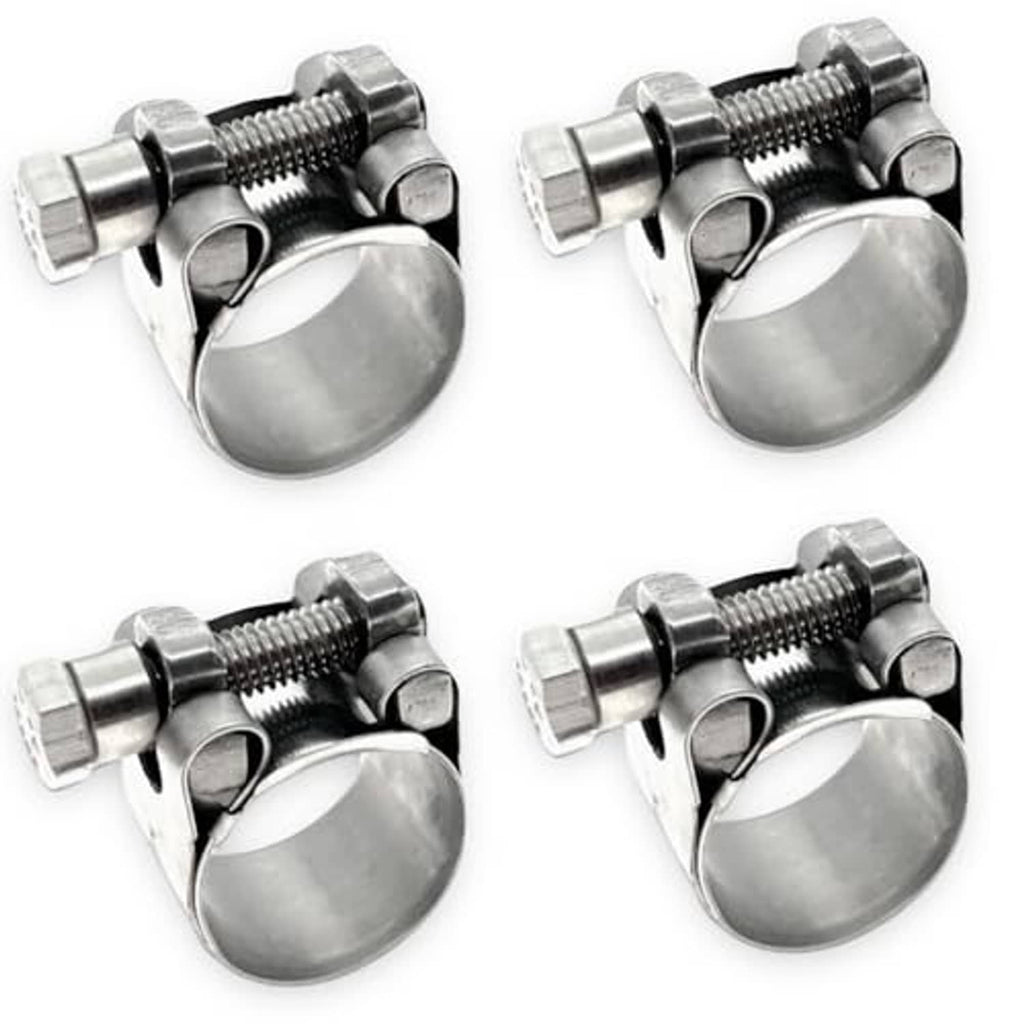 Stainless steel T-bolt hose clamps, four-pack shown from multiple angles