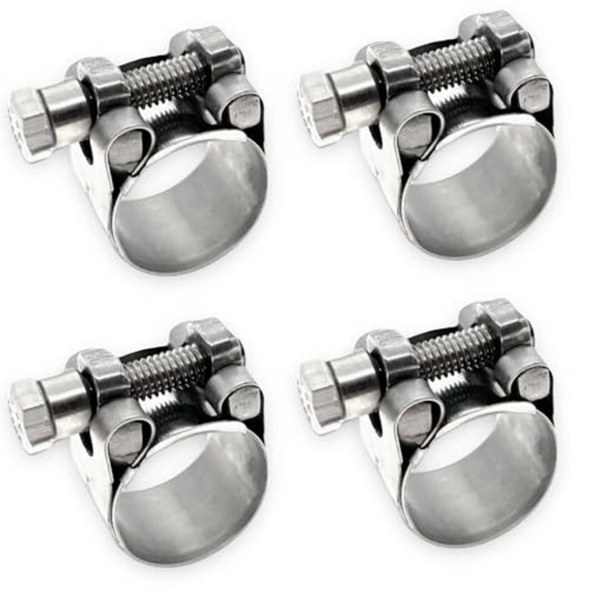 Stainless steel T-bolt hose clamps, four-pack shown from multiple angles