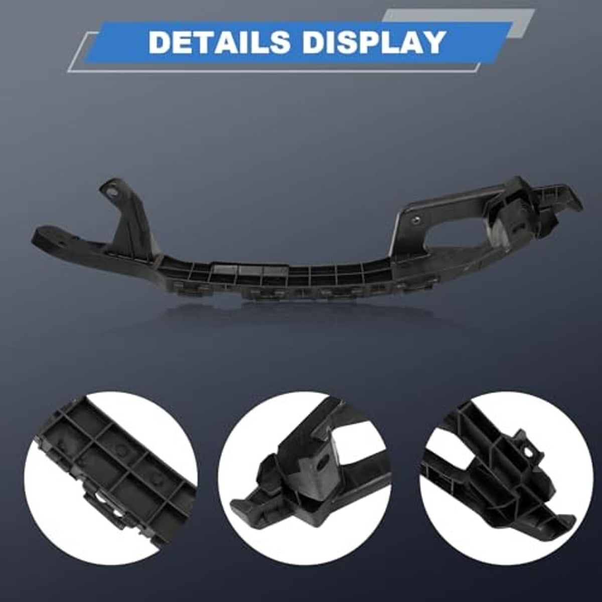 Black front bumper bracket with close-up details of mounting clips and tabs