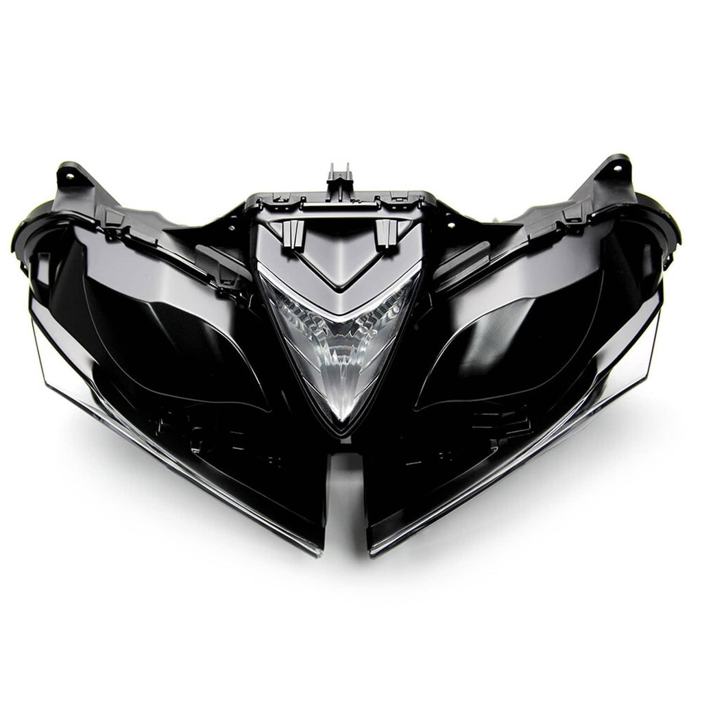 Clear-lens motorcycle headlight assembly with black housing, front wide view