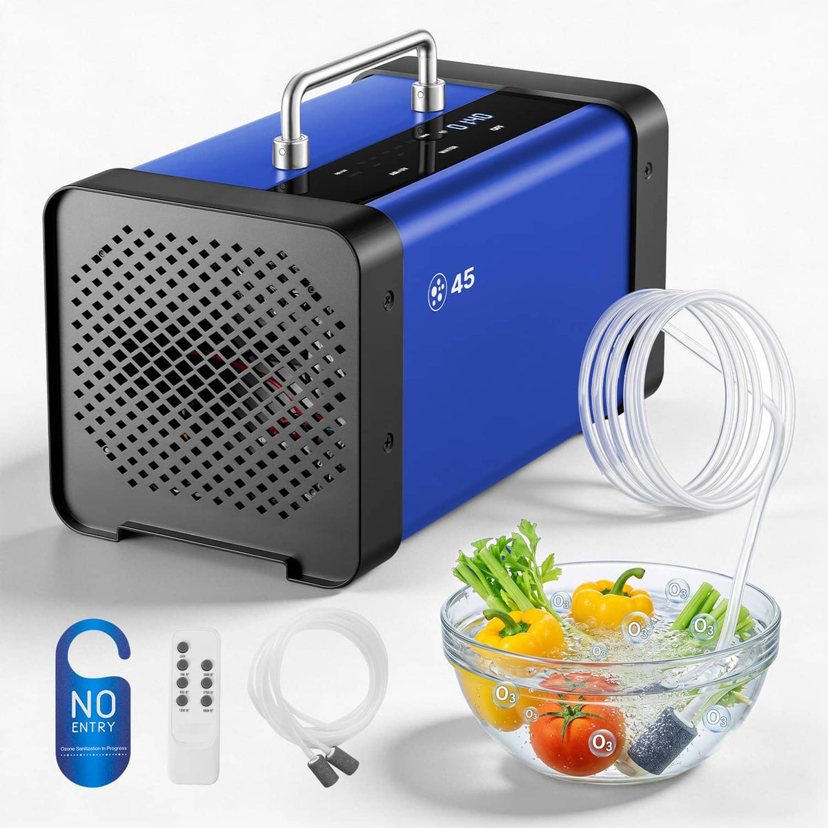 Blue ozone generator machine with touchscreen, metal handle, and white air tube accessory set