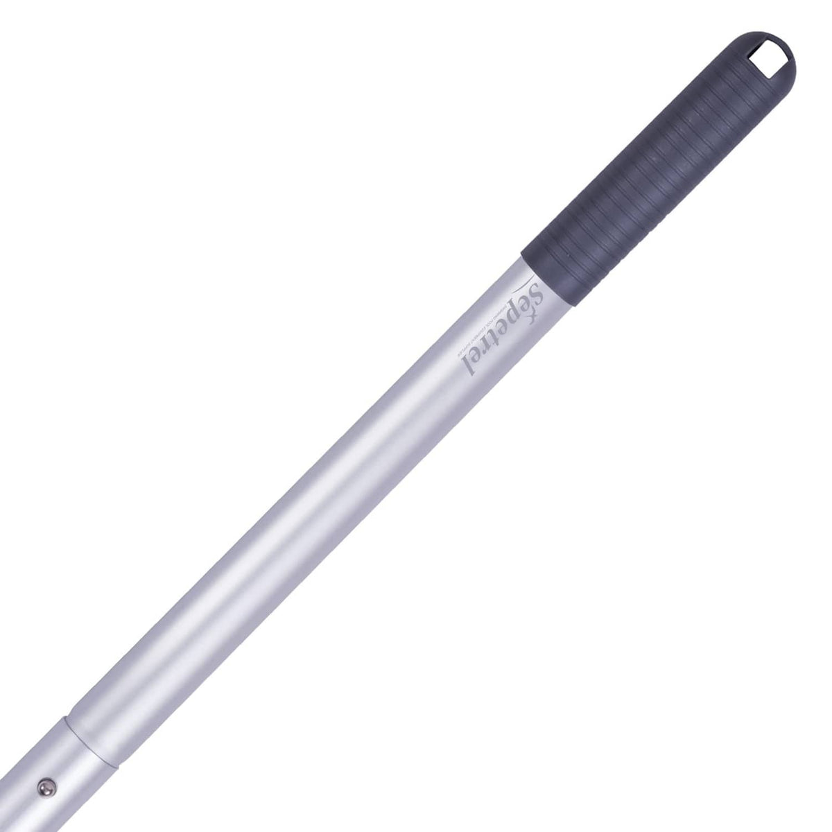 Gray anodized aluminum pool extension pole with angled end cap and textured grip