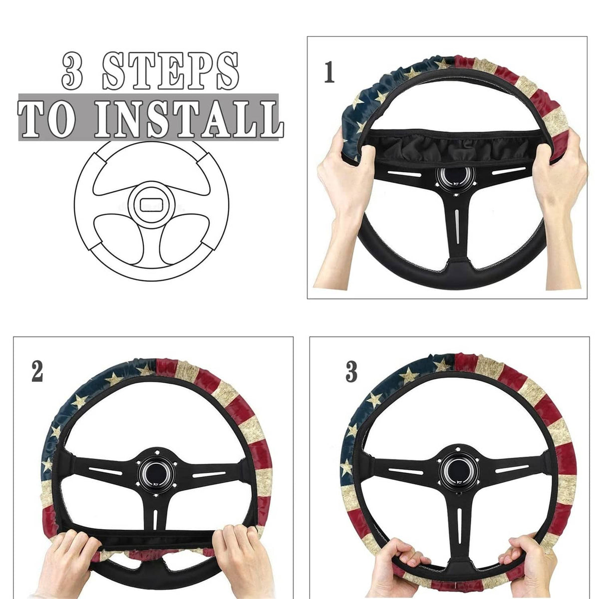 American flag steering wheel cover installation shown with hands fitting over steering wheel