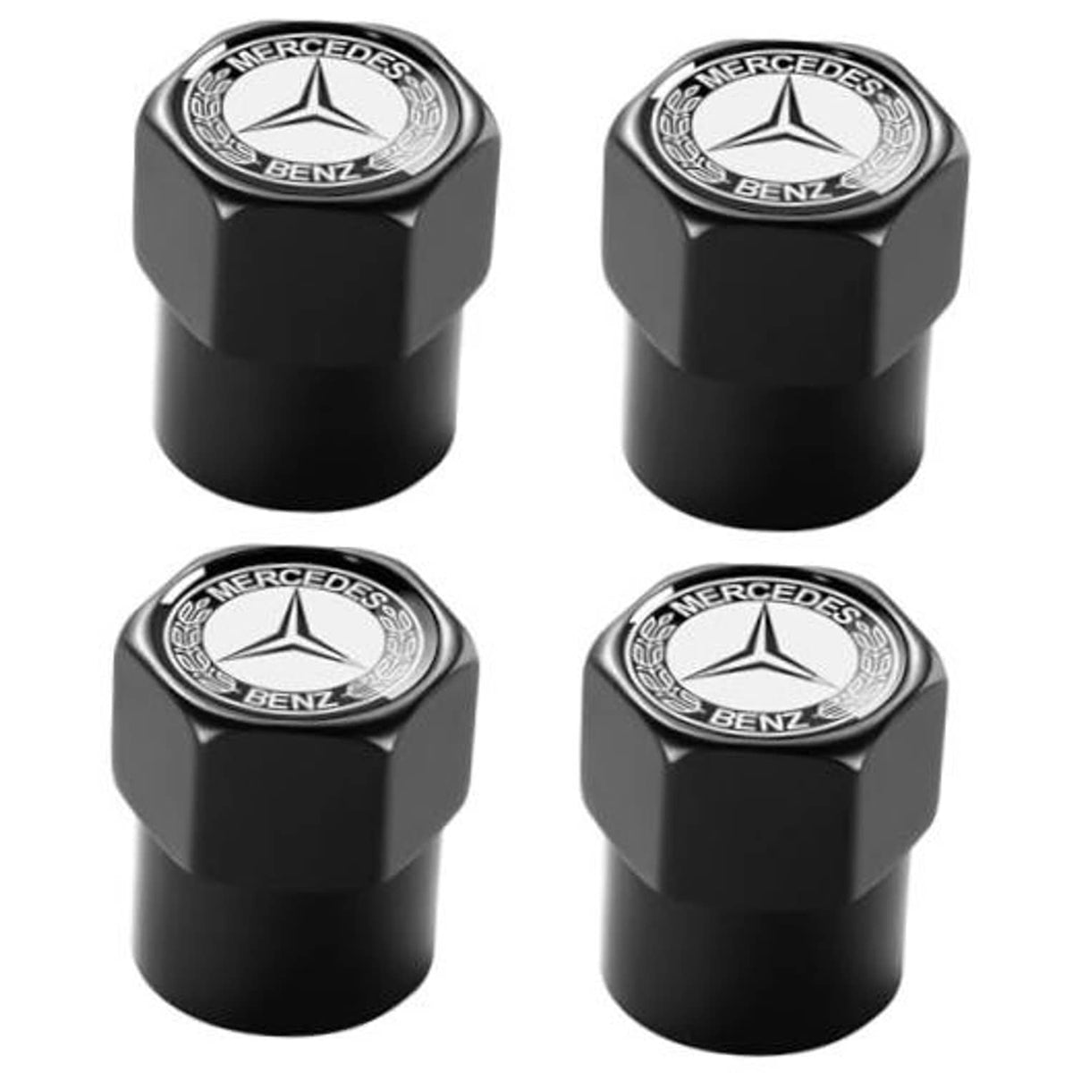 Set of black metal tire valve stem caps with Mercedes star and BENZ emblem