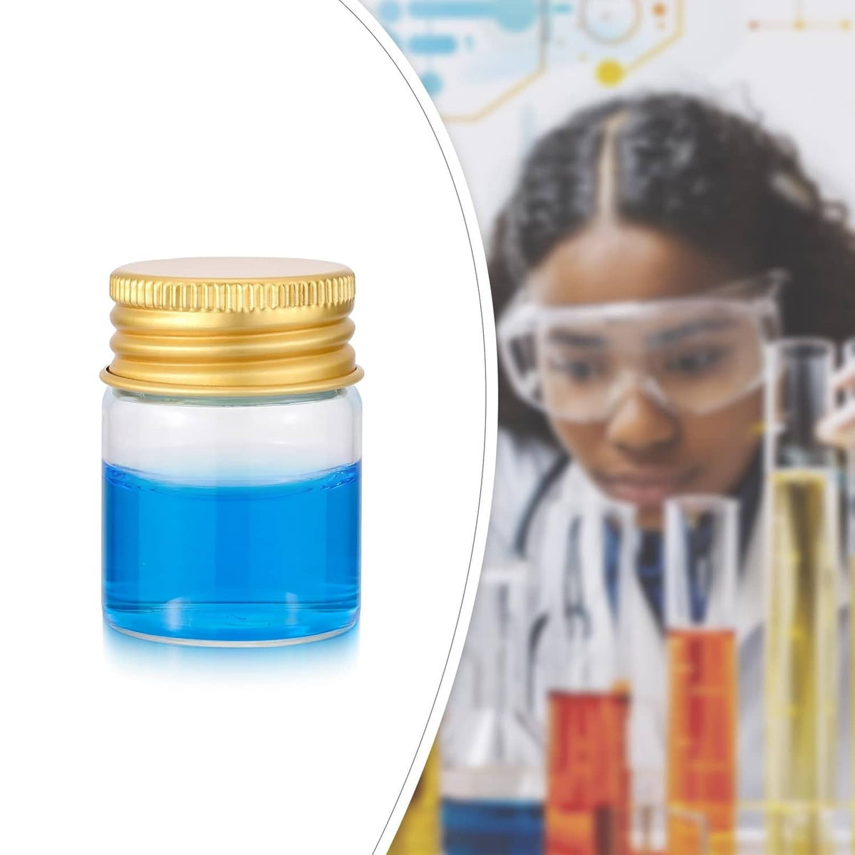 Close-up of a small clear glass vial with gold cap, filled with blue liquid
