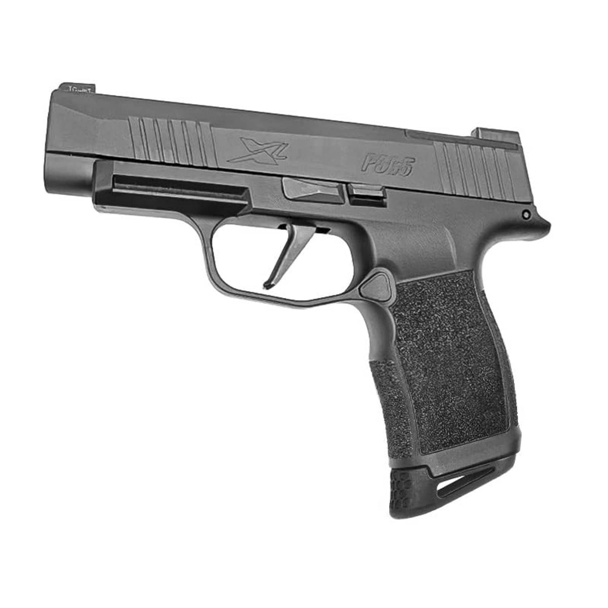 Pistol with black magazine extension grips installed; textured handle-style grip