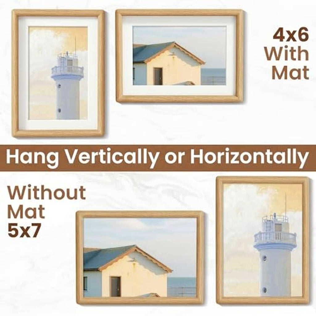 Natural oak 5x7 picture frame with white mat, shown with hanging options