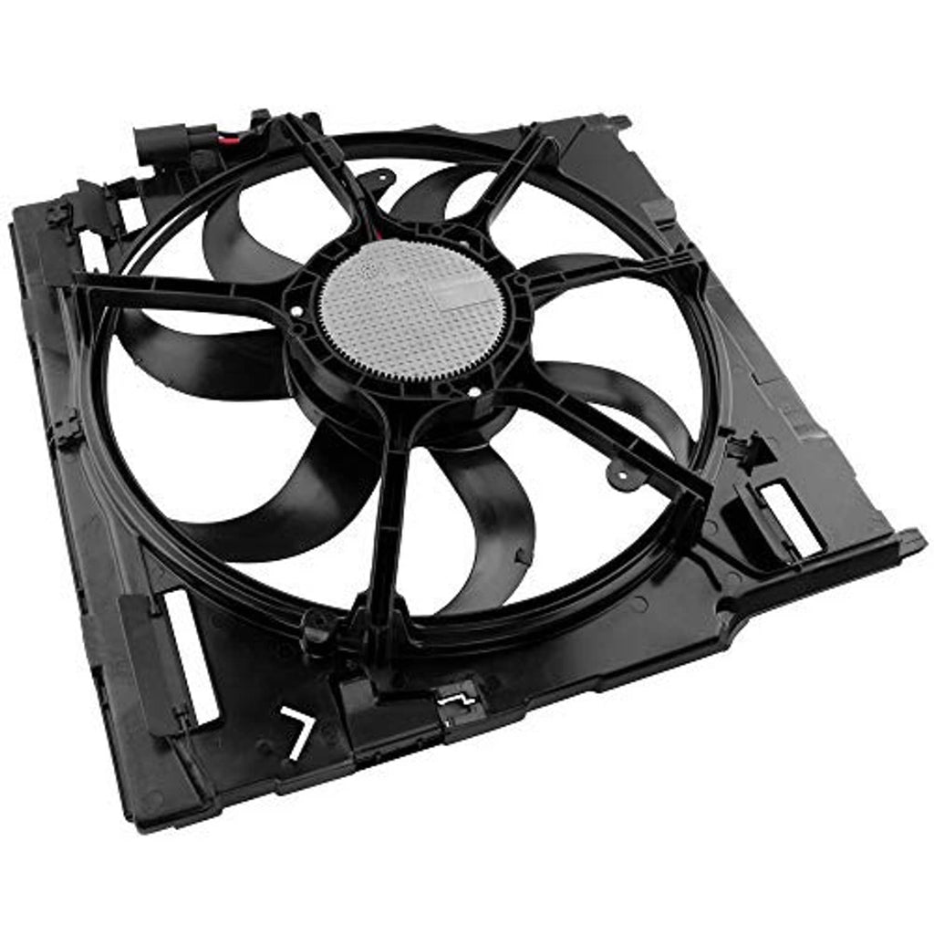Radiator cooling fan assembly with black fan blades and angled mounting shroud