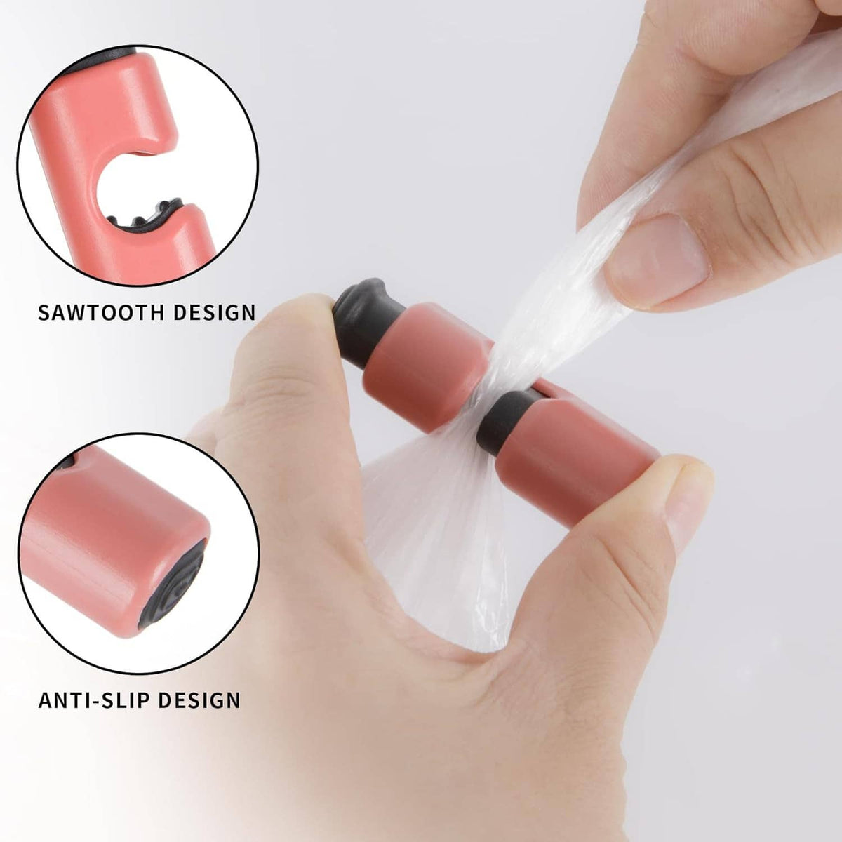 Hand squeezing a pastel bag clip to open and seal a plastic bag