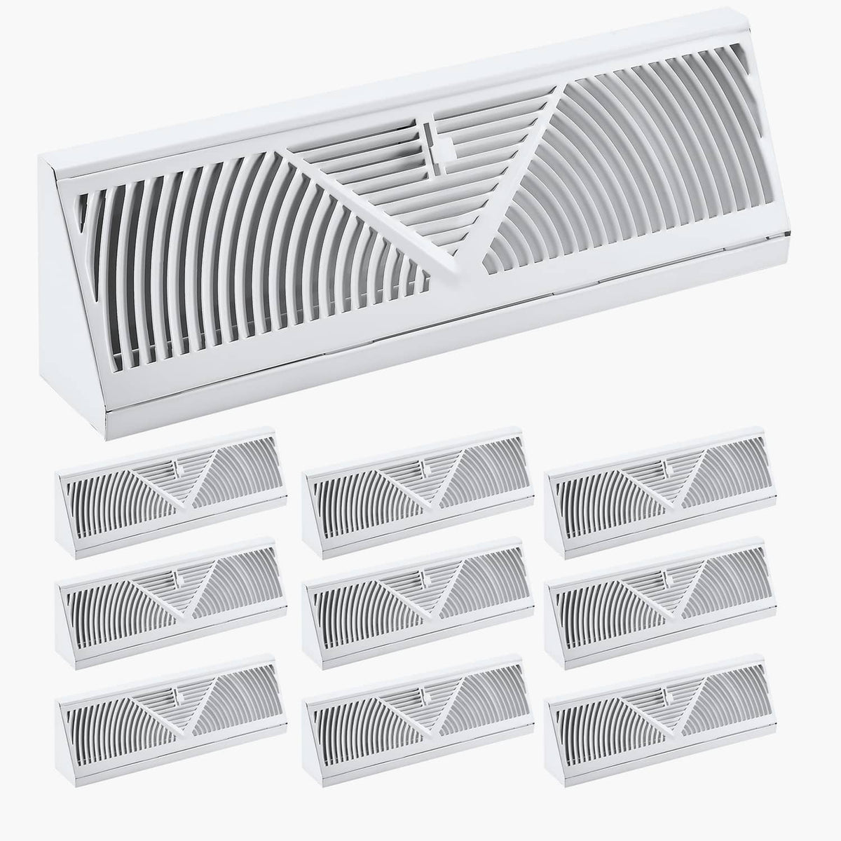 White floor register vent with slatted grille and V-shaped center; pack of multiple units shown.