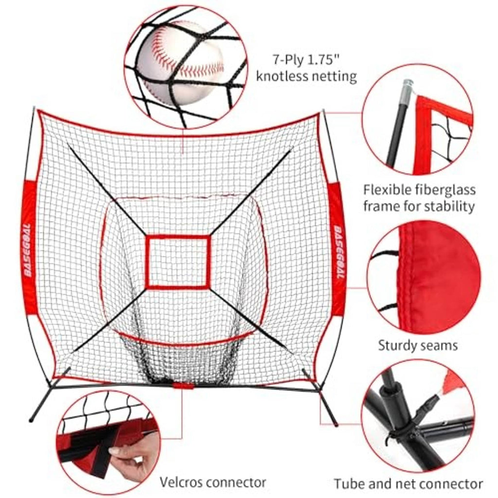 Red baseball practice net with square strike zone window and knotted mesh
