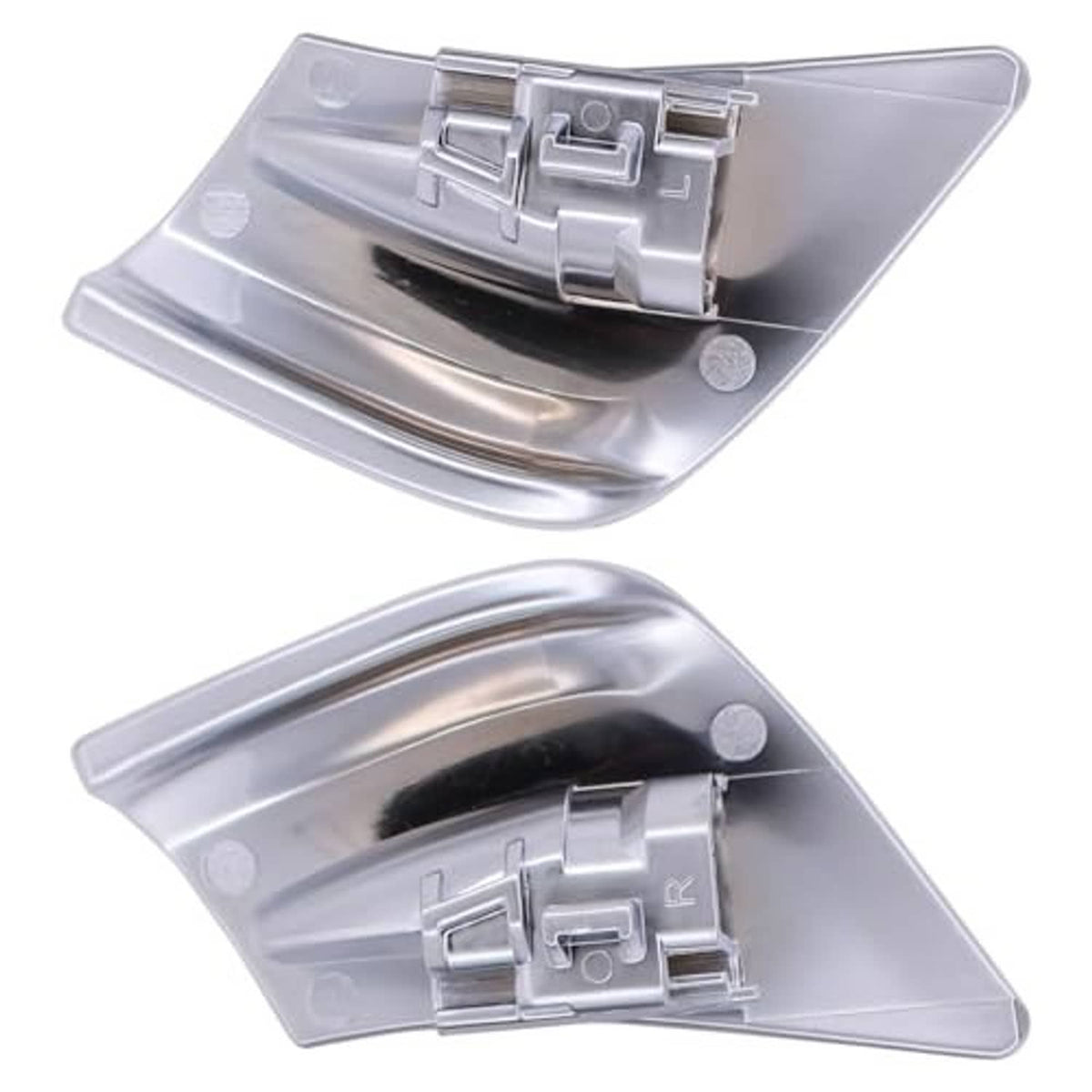 Two silver seat down handle base plates with screw holes and clip mounts