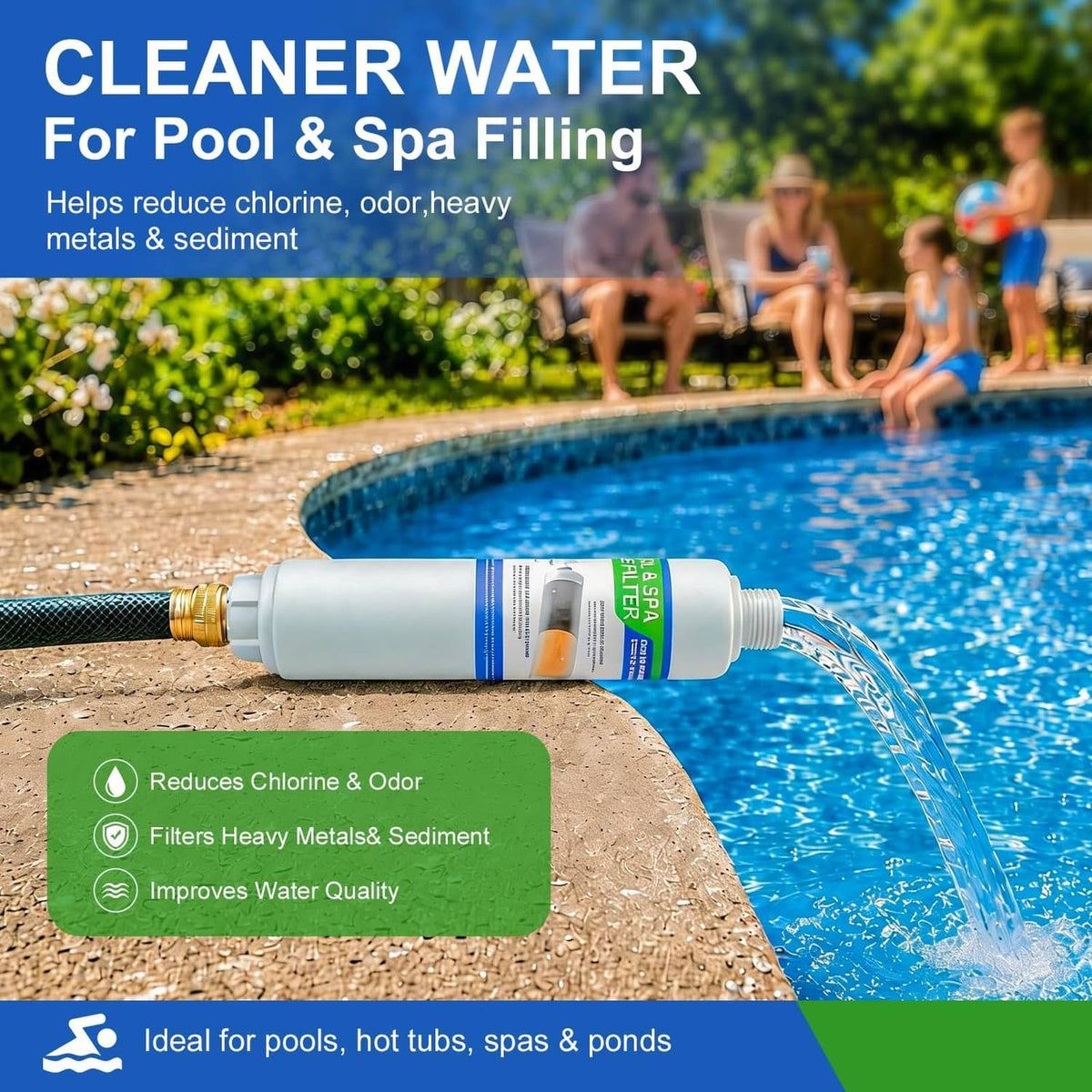 White inline hose water filter cartridge connected near a pool, with water flowing