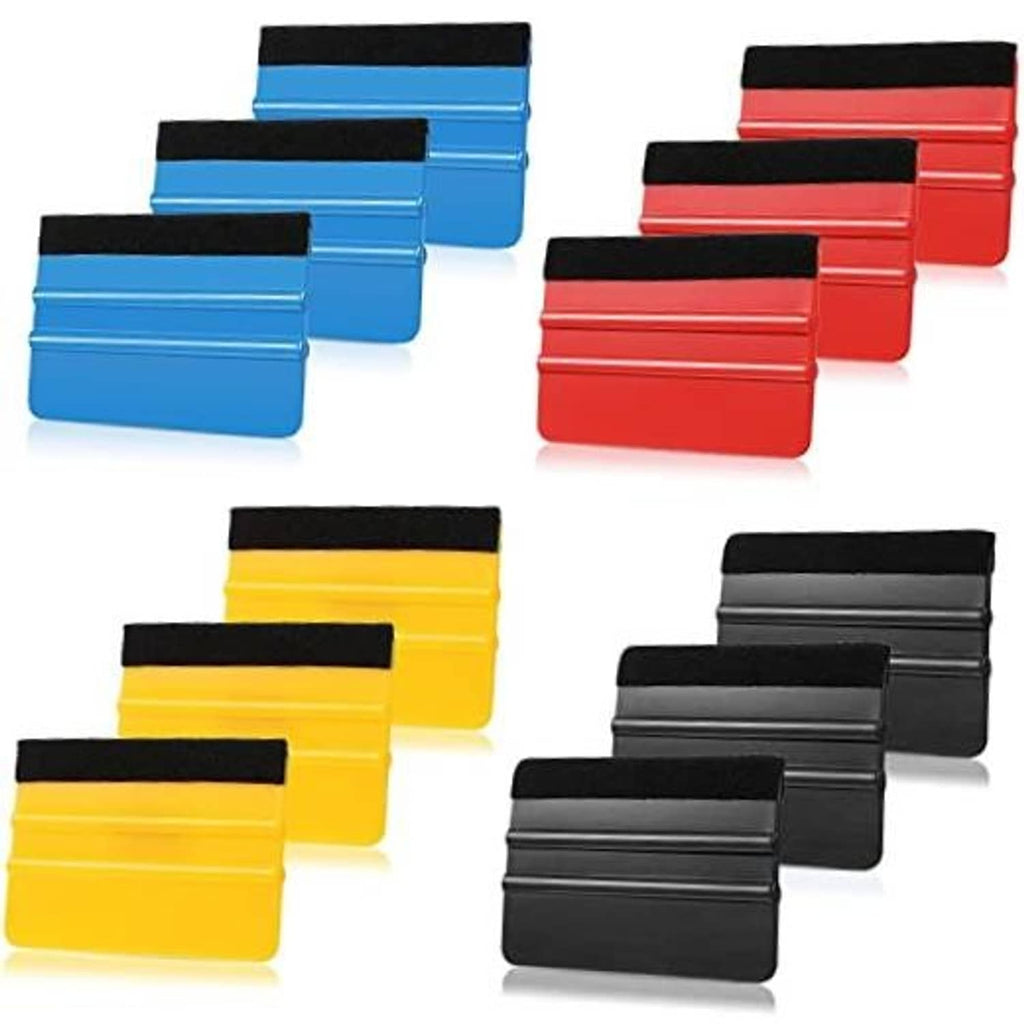 Pack of 12 plastic felt-edge squeegee tools in blue, red, yellow, and black