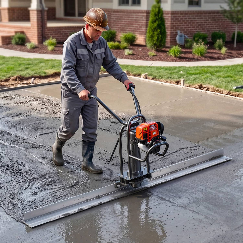 Worker using an aluminum concrete screed blade to level a slab