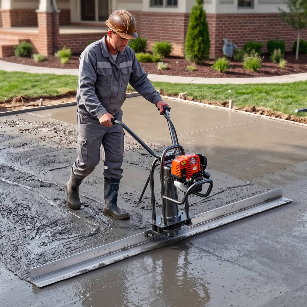 Worker using an aluminum concrete screed blade to level a slab