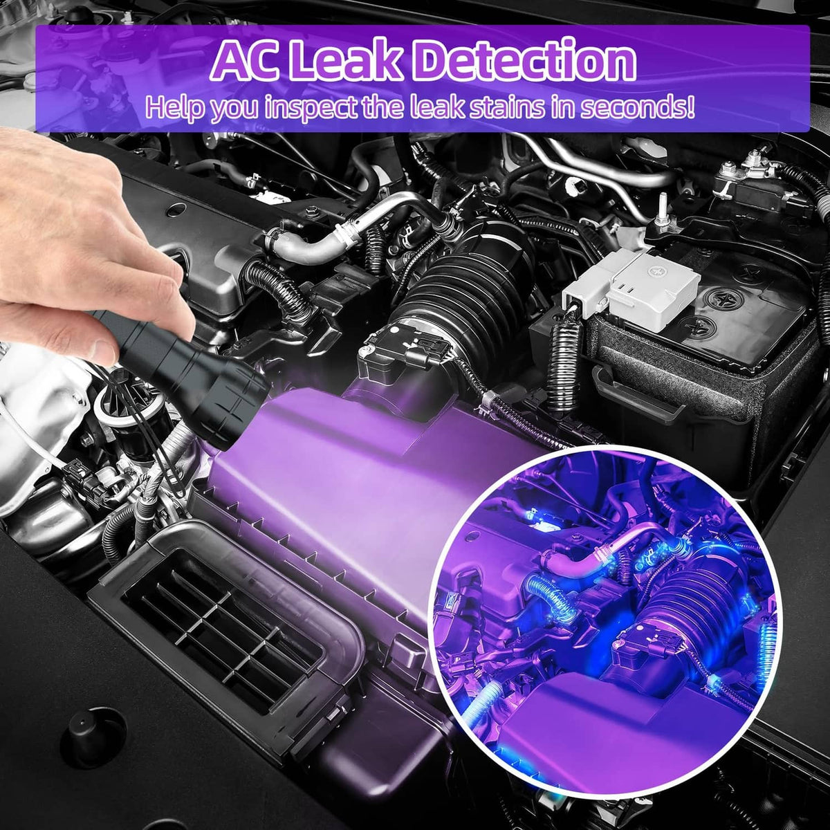 AC leak detector flashlight illuminating engine components for UV leak inspection