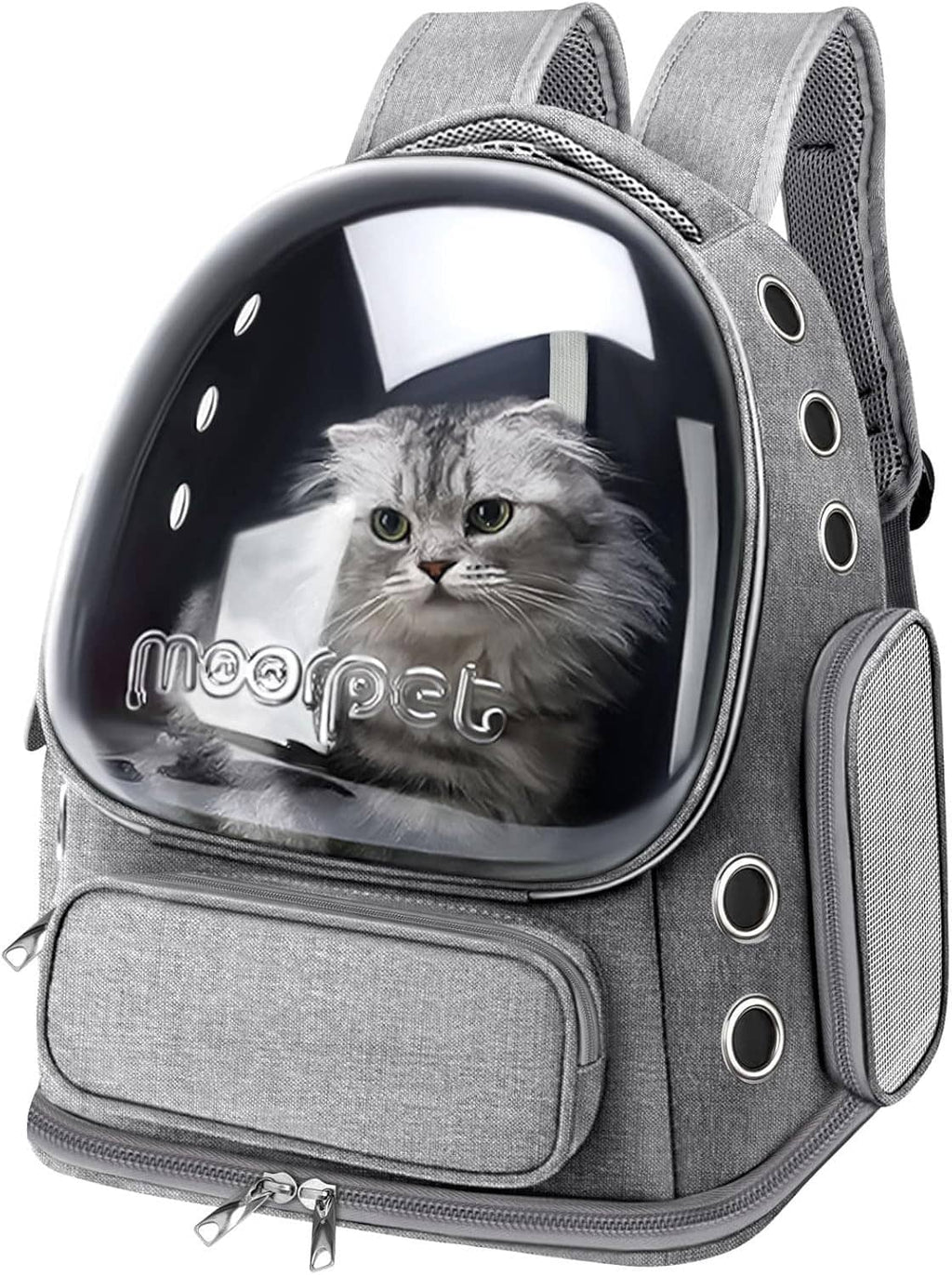 Gray cat bubble backpack carrier with clear window, front pocket, and round side grommets.